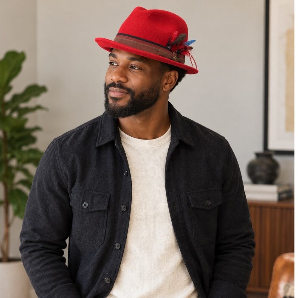 Goorin Bros Red 100% Wool Short Brim Fedora Hat Feather Accent Medium